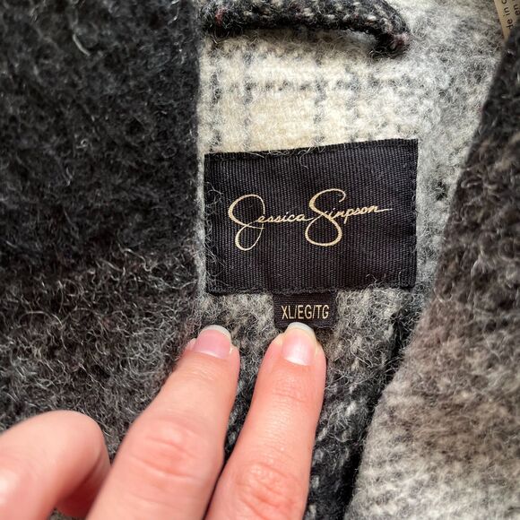 Jessica Simpson Wool Coat Women's XL Plaid Black White Fall Winter Trench - Picture 3 of 10